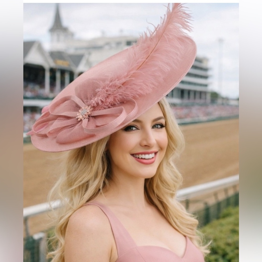 Blush Pink Wide Brim KY Derby Oaks Hat Fascinator w Feather & Crystal Brooch